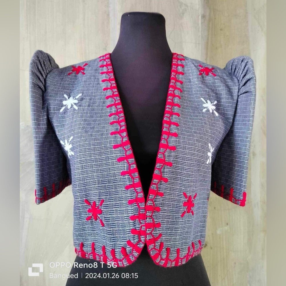 Filipiniana Handwoven Bolero Gray Red - Picture 1 of 6